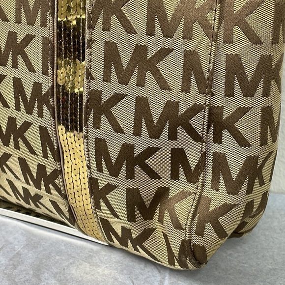 Michael Michael Kors Sequin Gold Tan Logo Large Shopper Tote Bag - Picture 4 of 13
